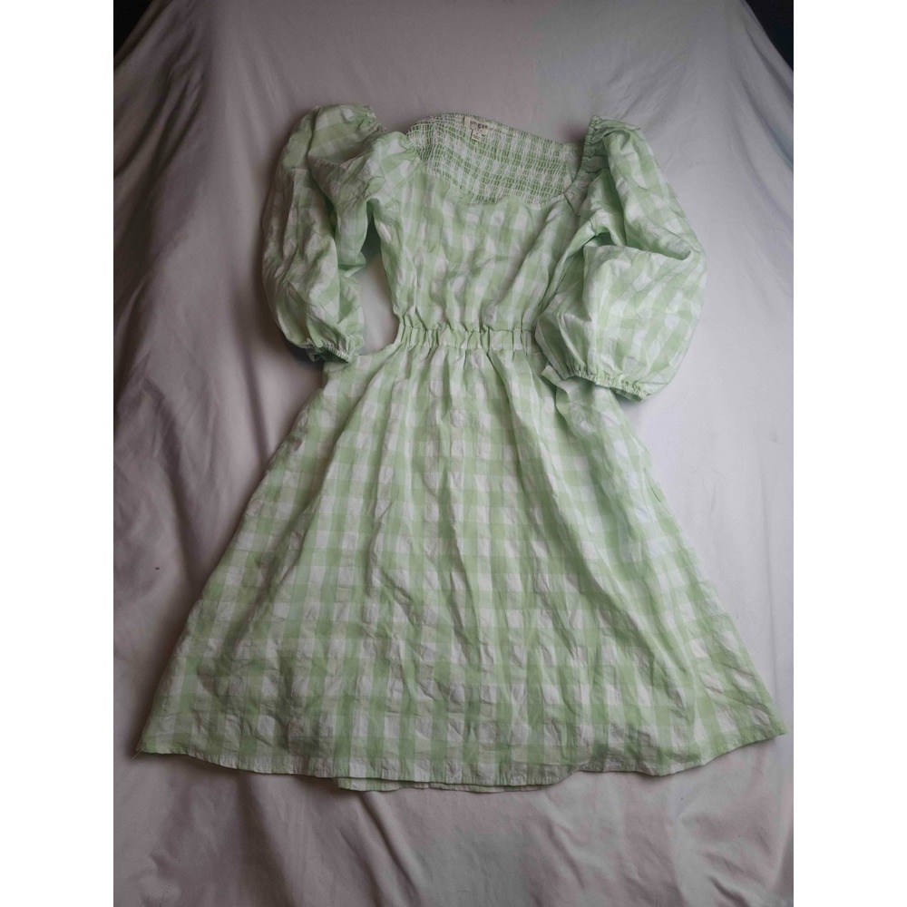 Umgee Dress Womens Medium Green Gingham Woven Cottagecore Puff Sleeve Cutout